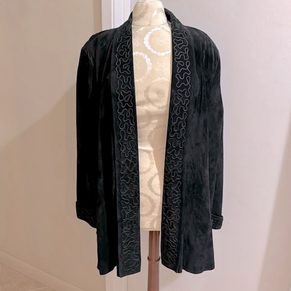 Lord & Taylor Suede Soft Black Vintage Embroidered Pockets Duster Jacket 14